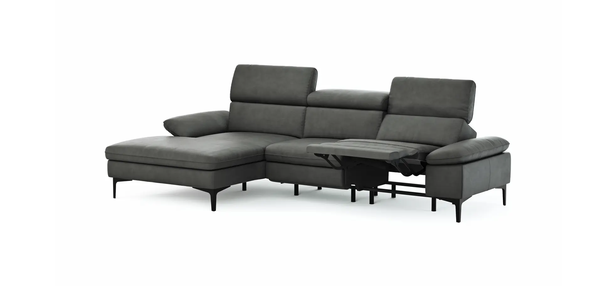 Ecksofa Felipa - Longchair links mit 2,5-Sitzer inkl. Armlehne verstellbar und Rückenlehne/Sitztiefe verstellbar (motorisch), Leder, Grau