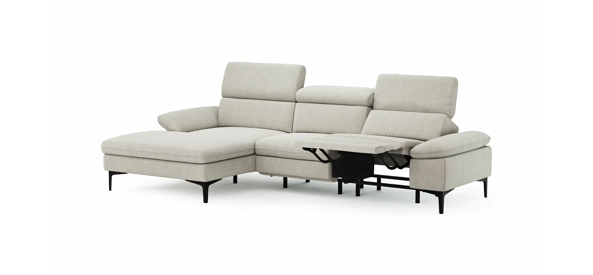 Ecksofa Felipa - Longchair links mit 2,5-Sitzer inkl. Armlehne verstellbar und Rückenlehne/Sitztiefe verstellbar (motorisch), Stoff, Natur