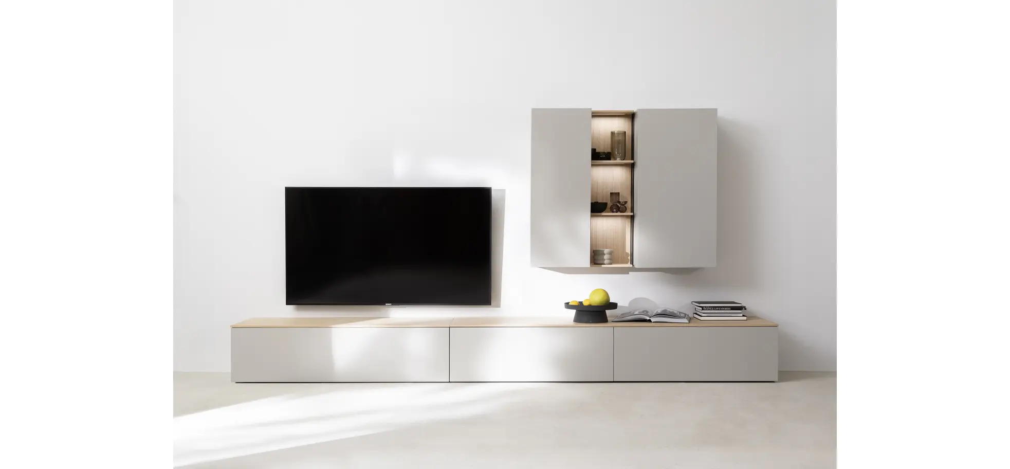 Wohnwand Venzone - B ca. 360 cm, Lack, Hellgrau, Eiche furniert