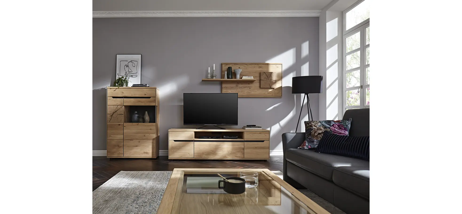 Wohnwand Amora - Wildeiche massiv bianco