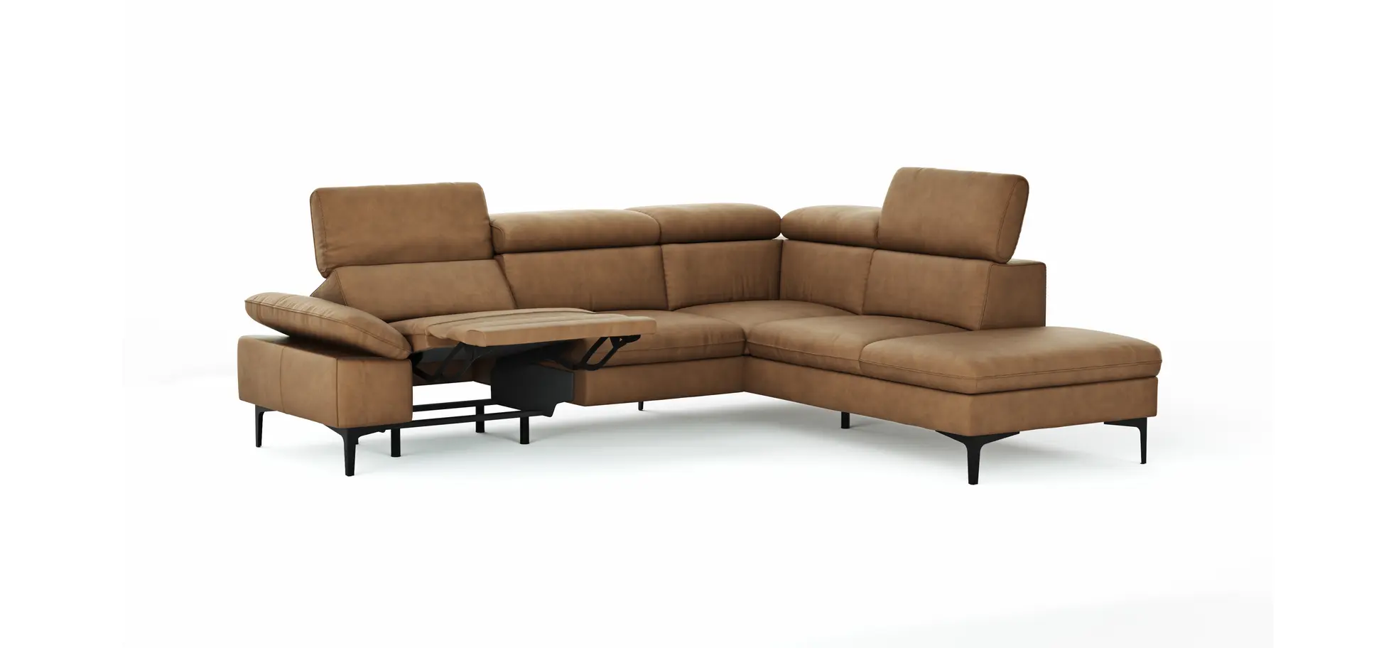 Ecksofa Felipa - 2,5-Sitzer mit Ecke rechts inkl. Armlehne verstellbar und Rückenlehne/Sitztiefe verstellbar (motorisch), Leder, Cognac