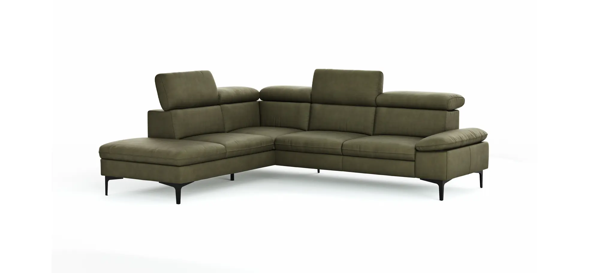 Ecksofa Felipa - Ecke links mit 2,5-Sitzer inkl. Kopfteil verstellbar, Leder, Olive