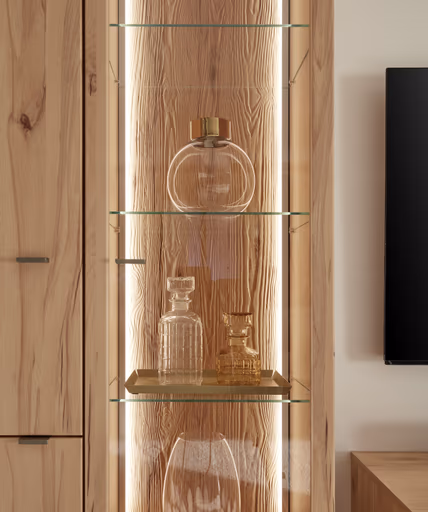 Wohnwand EM Aveiro - mit Wandboard, Beleuchtung, Rückwandschroppung, Balkenbuche Nachbildung