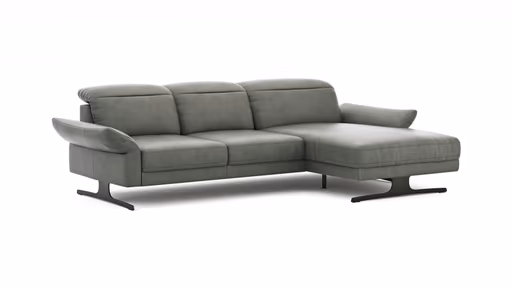 Ecksofa Rockport B - 2,5-Sitzer mit Longchair rechts inkl. Kopfteil/Sitztiefe/Armlehne verstellbar, Leder, Grau