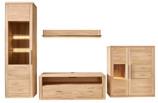 Wohnwand Faro 6.0 - inkl. Beleuchtung, Kernbuche massiv, natur geölt