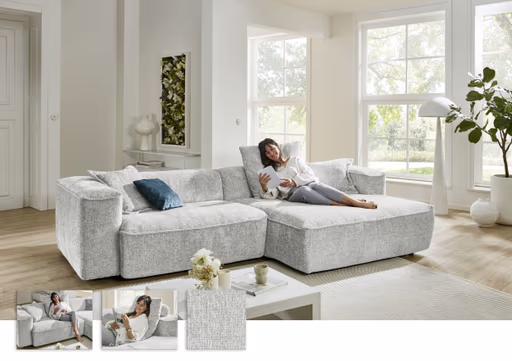 Ecksofa - 2-Sitzer mit Longchair rechts, Stoff, Weiß