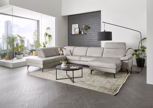 Wohnlandschaft - Ecke links mit 2,5-Sitzer und Longchair rechts, Kopfteil verstellbar, Leder, Alufarben