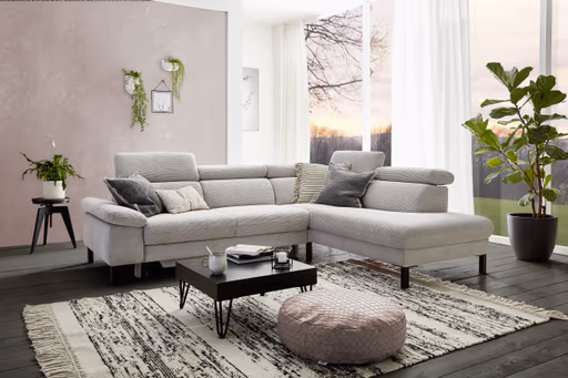 Ecksofa EM Labin - 2,5-Sitzer mit Ecke rechts, Kopfteile verstellbar, Stoff, grau
