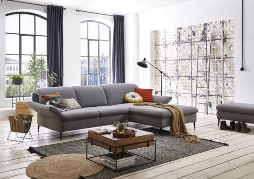 Ecksofa - 2,5-Sitzer mit Longchair rechts, inkl. Rückentiefen- und Kopfteilverstellung, Stoff, Grau