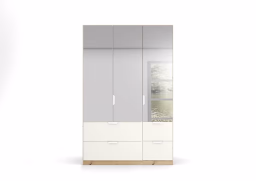 Drehtürenschrank ROMAN SPIN- B ca. 136 cm, Eiche Dekor, Weiß, Spiegel