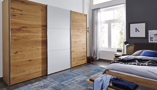 Schwebetürenschrank Colorado - B ca. 307 cm, Eichenfurnier mit Glas