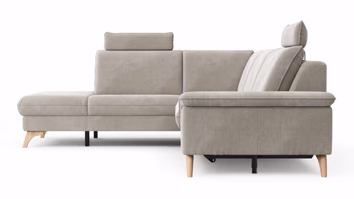Ecksofa Tulsa KS - 1,5-Sitzer mit Anstellhocker aufklappbar links, Spitzecke und 2,5-Sitzer rechts, inkl. Kopfstütze, AL verstellbar und Schlaffunktion, Stoff, Graubeige
