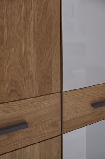 Drehtürenschrank Lenoso - B. ca. 306 cm, Eiche massiv, Glas, Champagner