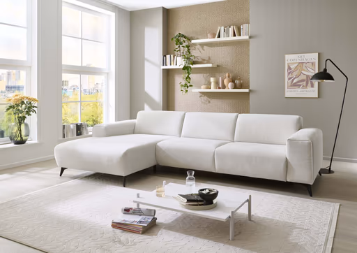 Ecksofa - Longchair links mit 3-Sitzer, Stoff, Natur