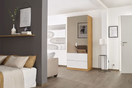 Drehtürenschrank ROMAN SPIN- B ca. 91 cm, Eiche Dekor, Weiß, Spiegel