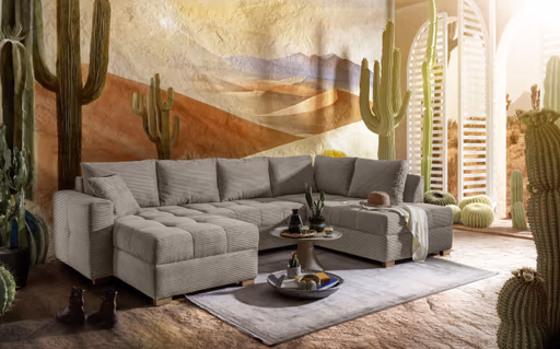 Wohnlandschaft JOSY - Longchair links mit 1,5-Sitzer und Ecke rechts inkl. Schlaffunktion mit Bettkasten, Stoff, Taupe