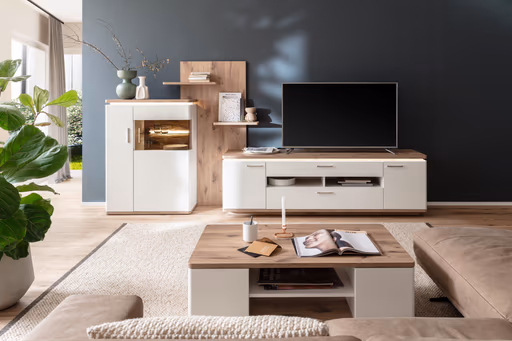 Wohnwand mit Beleuchtung - Weiß, Absetzung Eiche