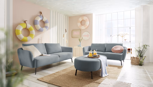 Hocker CARLLOTA - LB. ca. 125x73 cm, Stoff, Graublau