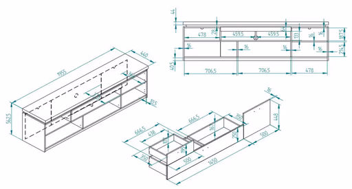TV-Lowboard - mit Beleuchtung, B ca. 195 cm, Salbeigrün, Eiche Evoke Nachbildung