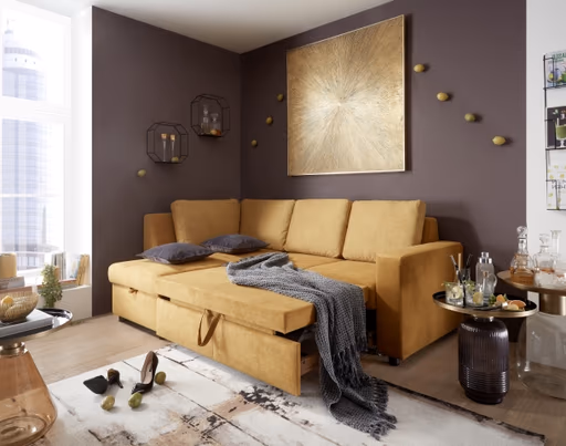 Ecksofa PRO FLEXX - Ecke links, 2-Sitzer inkl. Schlaffunktion und Bettkasten, Stoff, Senfgelb