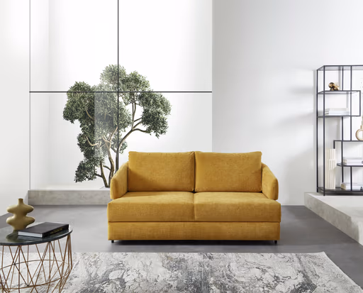 Sofa - 2-Sitzer mit Schlaffunktion, Sitztiefe verstellbar, Stoff, Gelb