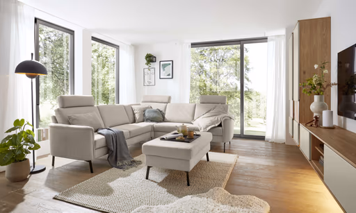 Ecksofa EM Blato - mit Kopfstützen, 2,5-Sitzer, Ecke, 3-Sitzer, Stoff, Beige