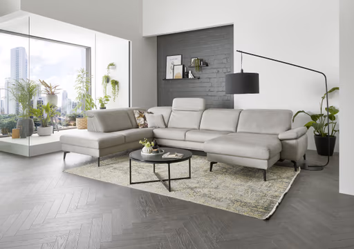 Wohnlandschaft - Ecke links mit 2,5-Sitzer und Longchair rechts, Kopfteil verstellbar, Leder, Alufarben