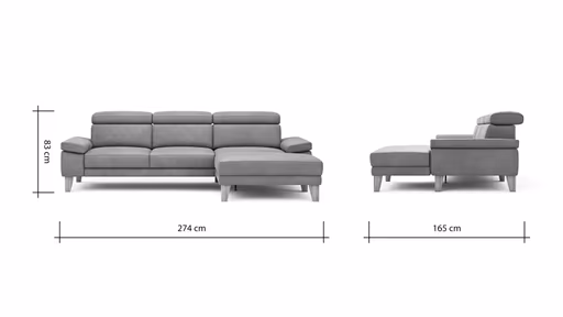 Ecksofa Hudson - 2,5-Sitzer mit Longchair rechts inkl. Kopfteil verstellbar, Stoff, Steingrau