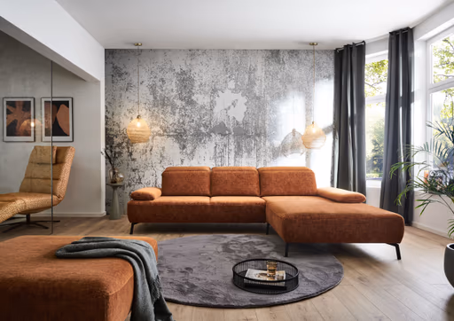 Ecksofa - 2,5-Sitzer mit Longchair rechts, Kopfteil/Armlehne/Rücken verstellbar, Stoff, Rost