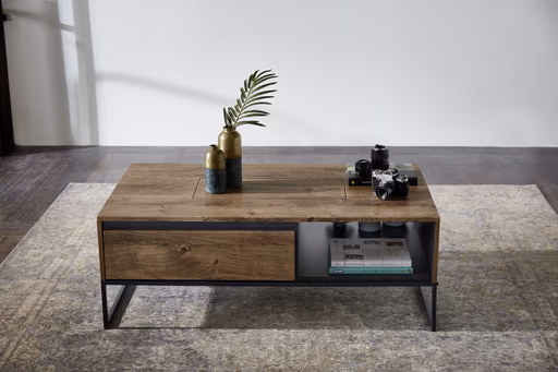 Couchtisch - mit Schubkasten, LBH ca. 115x65x42 cm, Eiche, Metallgestell