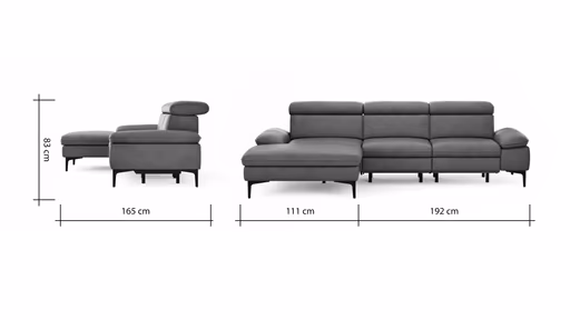 Ecksofa Felipa - Longchair links mit 2,5-Sitzer inkl. Armlehne verstellbar und Rückenlehne/Sitztiefe verstellbar (motorisch), Leder, Grau
