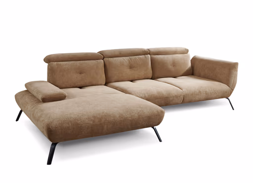 Ecksofa - Longchair links mit 3-Sitzer, Rückenlehne verstellbar, Stoff, Cognac