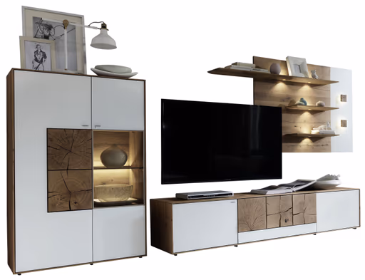 Wohnwand -  mit Beleuchtung, Kerneiche massiv, Mattglas, Weiß mit Hirnholzscheiben