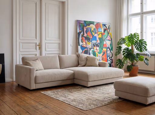 Ecksofa - 1,5-Sitzer mit Longchiar rechts, Stoff, Natur