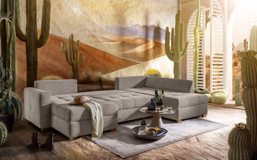 Wohnlandschaft JOSY - Longchair links mit 1,5-Sitzer und Ecke rechts inkl. Schlaffunktion mit Bettkasten, Stoff, Taupe