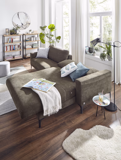 Ecksofa Oviedo - 1,5-Sitzer mit Longchair rechts inkl. Relaxfunktion (motorisch), Stoff, Braungrün