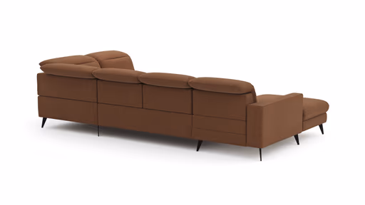 Wohnlandschaft Alegria - Longchair links mit 2,5-Sitzer und Ecke rechts inkl. Schlaffunktion und Kopfteil/ Sitztiefe verstellbar, Stoff, Kurkuma