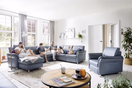 Wohnlandschaft - Longchair links mit 2,5-Sitzer und Ecke rechts, Leder, Granit