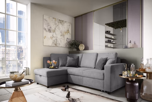 Ecksofa PRO FLEXX - Ecke links, 2-Sitzer inkl. Schlaffunktion und Bettkasten, Stoff, Grau