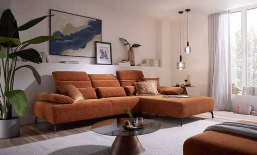 Ecksofa EM Setupal - 2,5-Sitzer mit Longchair rechts, Kopfteil/Armlehne/Rücken verstellbar, Stoff, Rost