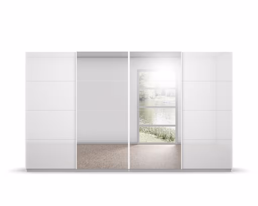 Schwebetürenschrank RIKK- B ca. 361 cm, Weiß, Weiß Hochglanz. Spiegel