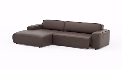 Ecksofa Denver - Longchair links, groß mit 2,5 Sitzer, inkl. Sitzvorzug (motorisch), Leder, Mocca