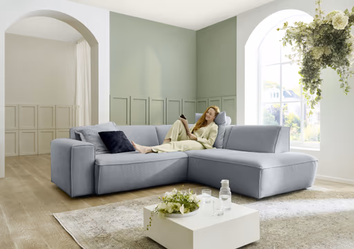 Ecksofa - 2-Sitzer mit Ecke rechts, Stoff, Eisblau