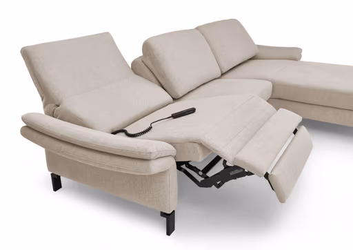 Ecksofa CALM PREMIUM 2.0 - Longchair links mit 3-Sitzer, Relaxfunktion motorisch, Armlehne verstellbar, Stoff, Sand