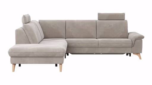 Ecksofa Tulsa KS - 1,5-Sitzer mit Anstellhocker aufklappbar links, Spitzecke und 2,5-Sitzer rechts, inkl. Kopfstütze, AL verstellbar und Schlaffunktion, Stoff, Graubeige