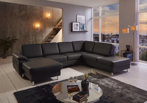 Wohnlandschaft - Longchair links mit 2,5-Sitzer und Ecke rechts,  Leder, Anthrazit