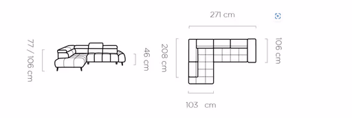 Ecksofa - 2-Sitzer mit Ecke rechts, Sitzvorzug motorisch, Kopfteil verstellbar, Stoff, Grau
