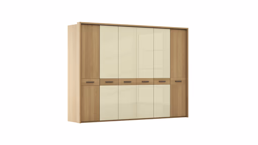 Drehtürenschrank Lenoso - B. ca. 306 cm, Eiche massiv, Glas, Champagner