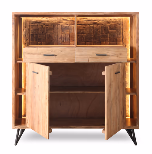 Highboard - mit Beleuchtung, B ca. 145 cm, Akazie massiv