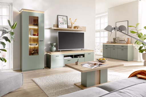 TV-Lowboard - mit Beleuchtung, B ca. 195 cm, Salbeigrün, Eiche Evoke Nachbildung